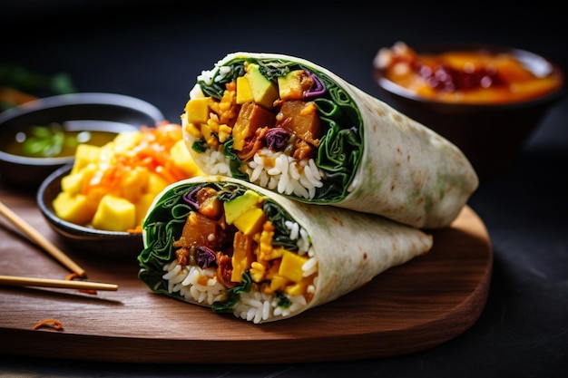 Vegan sushi burrito with marinated tofu and avocado