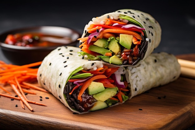 Vegan sushi burrito with marinated tofu and avocado