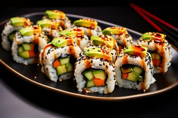 Vegan sushi rolls with avocado cucumber and colorful bell peppers served with soy sauce and wasab