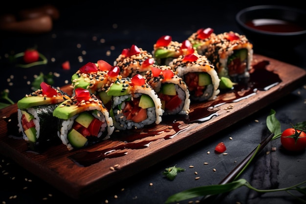 Vegan sushi rolls with avocado and vegetables