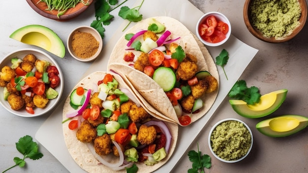 Vegan tacos with cauliflower avocado and cilantro