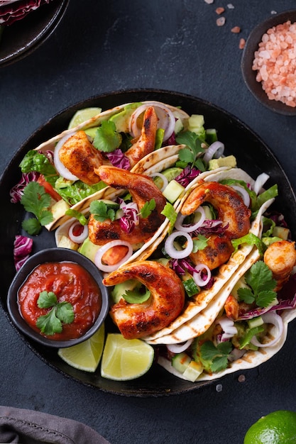 Vegan tacos with plant based prawns shrimps