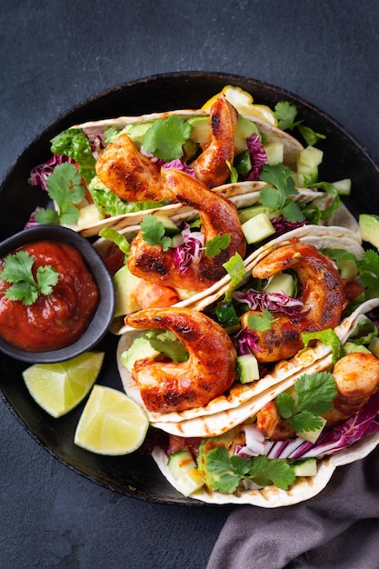 Vegan tacos with plant based prawns shrimps