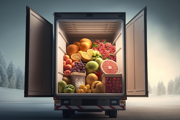 A veganfriendly truck transports a variety of healthy fruits illustrating the importance of conscious eating and sustainable transport Ai generated