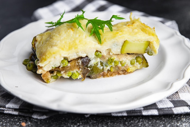 vegetable casserole eggplant, zucchini, green peas, cheese, bechamel sauce vegetables lasagne meal