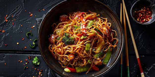 Photo vegetable chow mein with strong unidirectional lighting