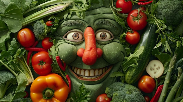 Vegetable face made from greens and veggies promoting healthy eating and nutrition