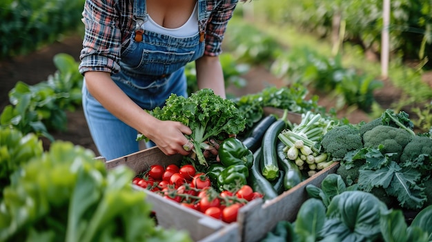 Vegetable farmer arranging freshly picked produce into a crate on an organic farm