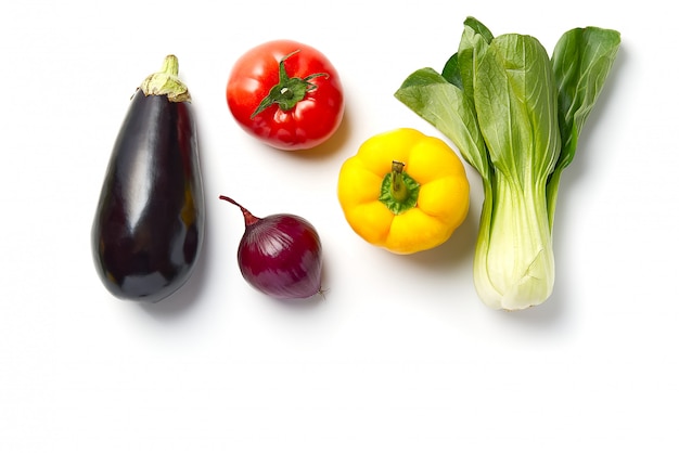 Vegetable flat lay. raw vegetables, cucumber purple cabbage spinach tomatoes paprika onion broccoli herb, plenty of copy-space