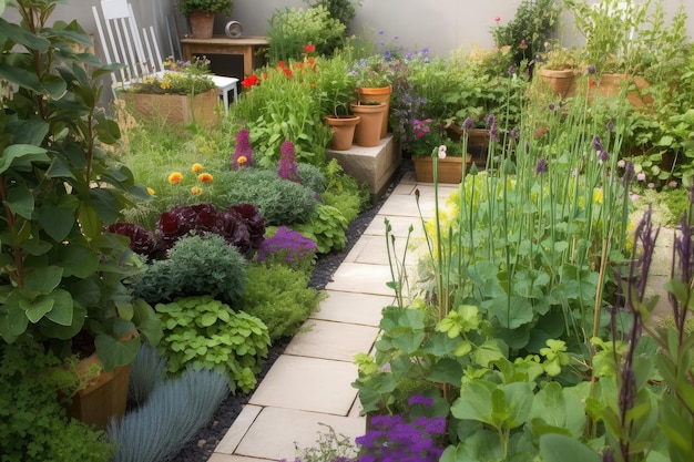 Vegetable garden with herbs and flowering plants complementing the contemporary patio