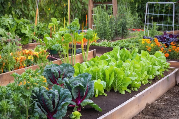 Vegetable garden with variety of leafy greens and colorful vegetables