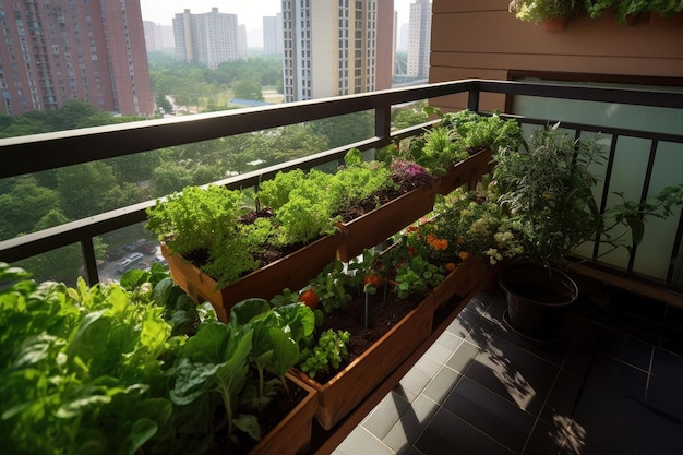 A vegetable and herb garden on a balcony with plants growing up the sides Generative AI