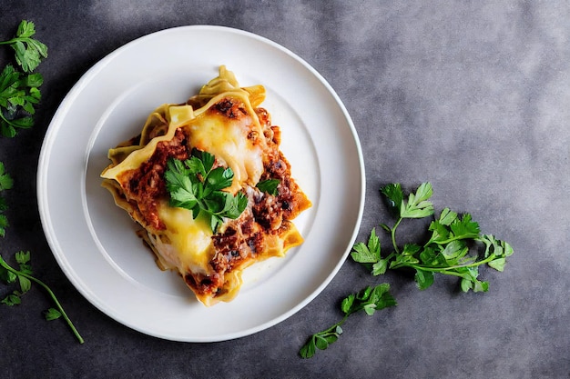 Vegetable lasagna with tomatoes in plate on gray background