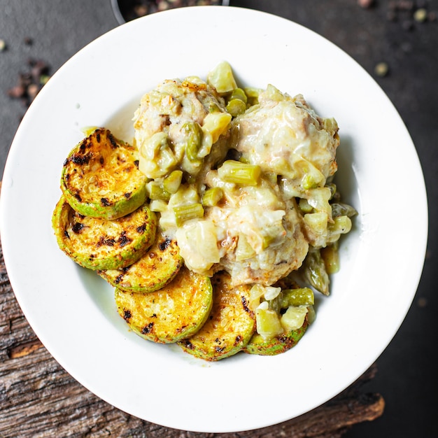 Vegetable meatballs no meat grilled zucchini rice vegetables Cooking in plate on the table