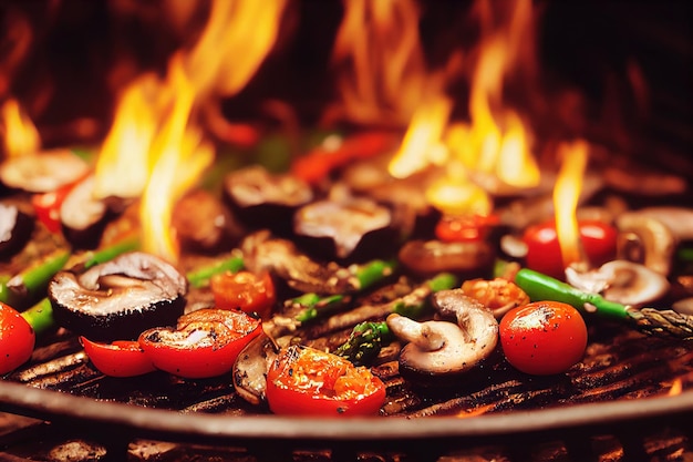 Vegetable mix grilling over flame