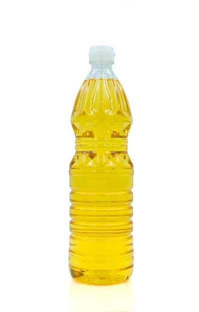 Vegetable oil cooking in plastic clear bottle with lid isolated on white background