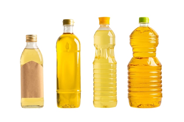 Vegetable oil with olive oil in different bottle for cooking isolated on white background with clipping path