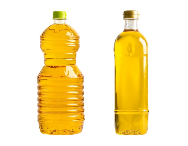 Vegetable oil with olive oil in different bottle for cooking isolated on white background