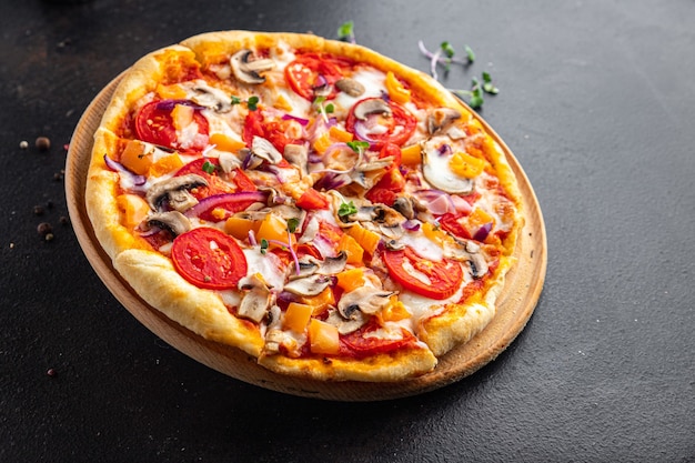 Vegetable pizza tomato pepper onion mushroom corn fresh meal snack on the table copy space