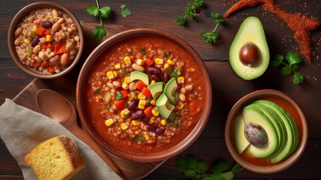 Vegetable quinoa soup stew with avocado corn beans