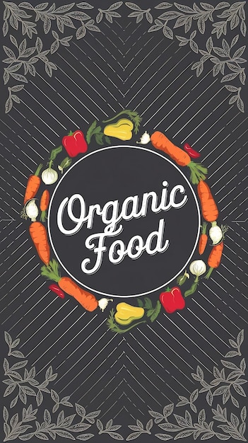 Photo vegetable round frame border white line pattern on dark gray background organic food logo circle