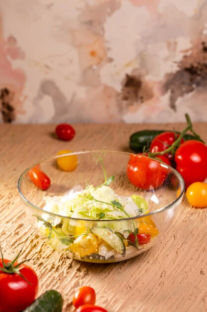 Vegetable Salad Bowl with Tomatoes Cucumbers Lettuce Carrots Greens