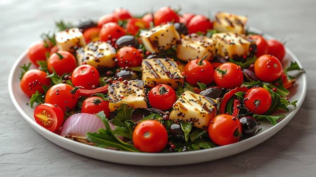 Vegetable salad cherry tomatoes baked pepper salad mix and onion with grilled haloumi halloumi chees