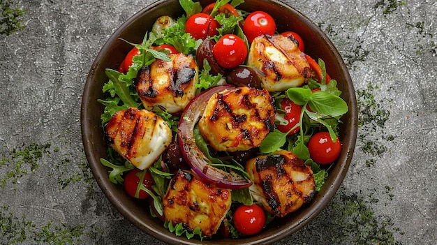 Vegetable salad cherry tomatoes baked pepper salad mix and onion with grilled haloumi halloumi chees