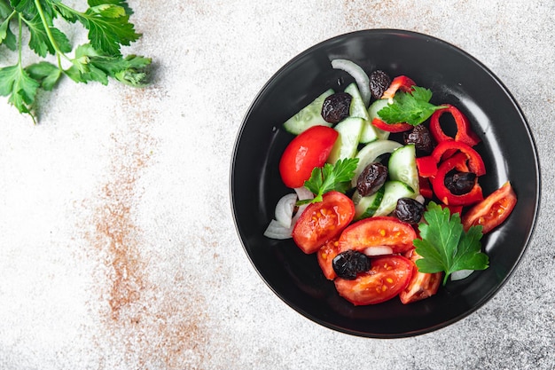 Vegetable salad tomato cucumber olives onion pepper fresh spring healthy meal food snack