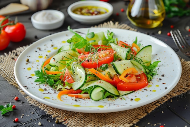 Vegetable Salad Vegetarian Salat with Smoked Cheese Sliced Cucumbers Tomatoes and Greens