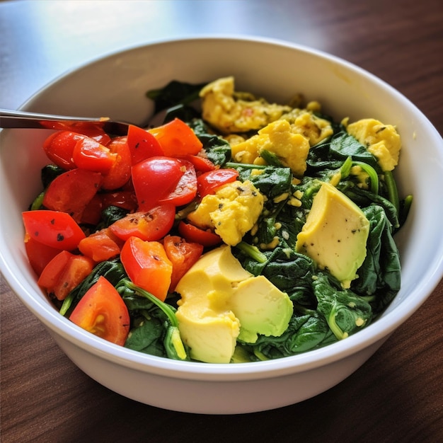 Vegetable salad with avocado tomatoes and cheese in a bowl