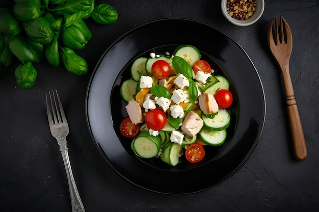 Vegetable salad with chicken zucchini and feta cheese on a black plate