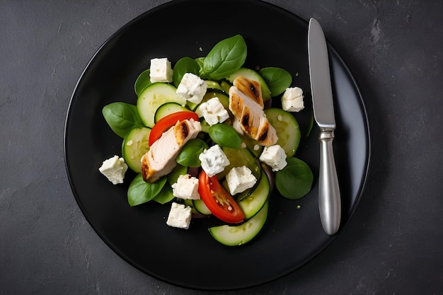 Vegetable salad with chicken zucchini and feta cheese on a black plate