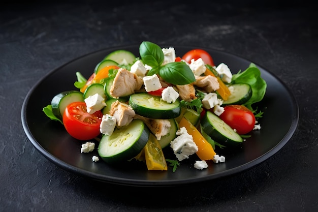 Vegetable salad with chicken zucchini and feta cheese on a black plate