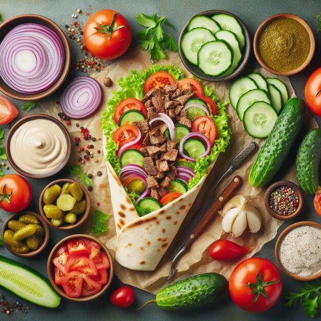 vegetable salad with a knife on white background