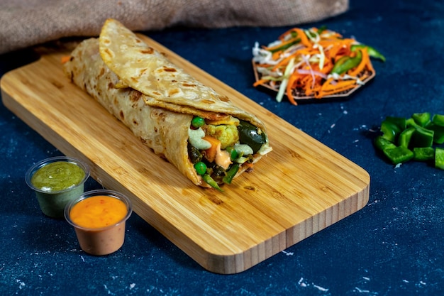 Vegetable shawarma wrap with salad dip and sauce isolated wooden board side view of fastfood