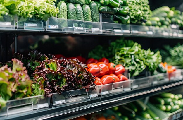 Vegetable shelves with cucumbers peppers and greenery in a grocery store side view minimalistic