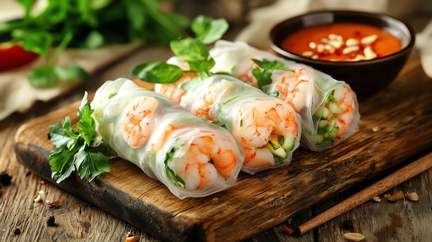 Vegetable and shrimp spring rolls with tangy dipping sauce