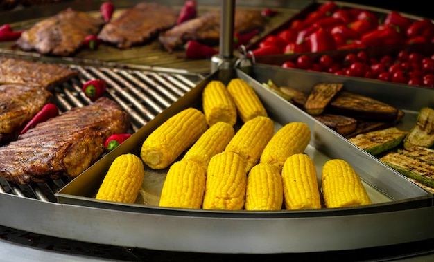 Vegetable skewers. Grilled corn. Healthy food. Buffet