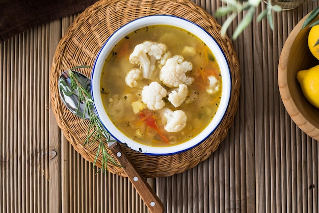 Vegetable soup with potato carrot and cauliflower Homemade food