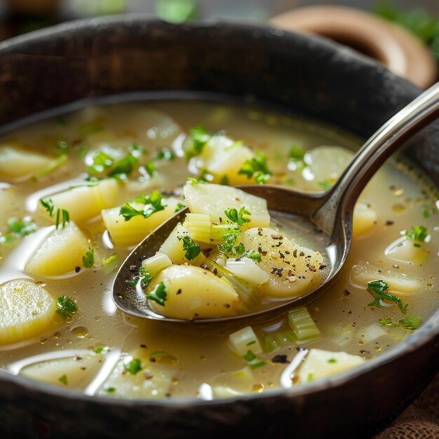 Photo vegetable soup with potatoes and parsley in a bowl