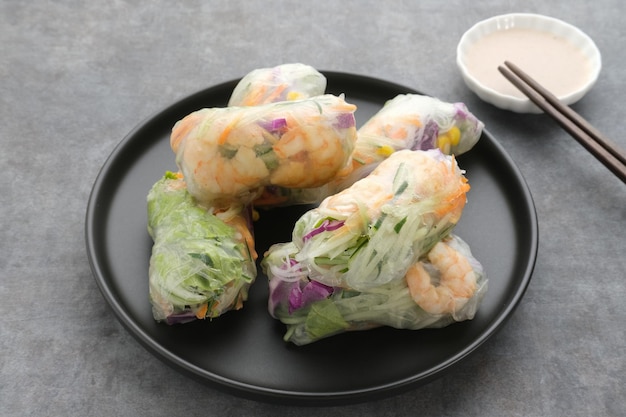 Vegetable spring roll fresh roll salad made from mix vegetables and shrimp