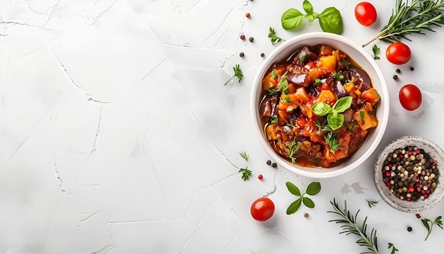 Photo vegetable stew saute or caponata stewed eggplant with paprika tomatoes spices and herbs white kitchen table background top view copy space