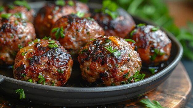 Photo vegetable stuffed grilled meatballs served on a black plate with fresh herbs