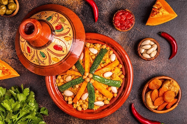 Vegetable tagine with almond and chickpea couscous