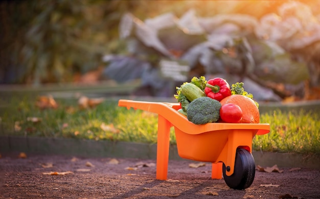 Vegetables are placed in a plastic cart in the garden against the background of cabbage rows The concept of gardening and harvesting