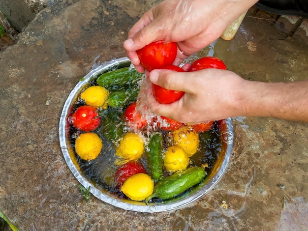 The vegetables are washed with the water from the tap