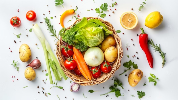 Vegetables in basket isolated on white background Cabbage celery potato pepper onion carrot