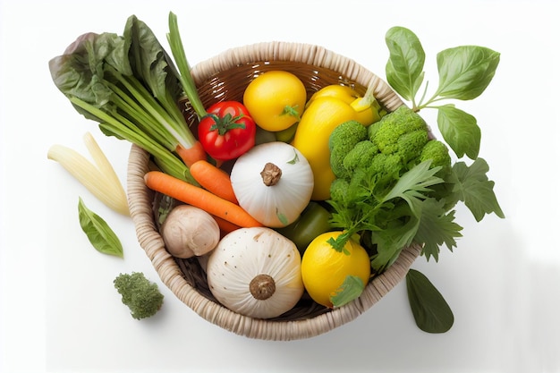 Vegetables in a basket on a white background top view generative ai