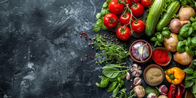 vegetables on a black background top view Generative AI